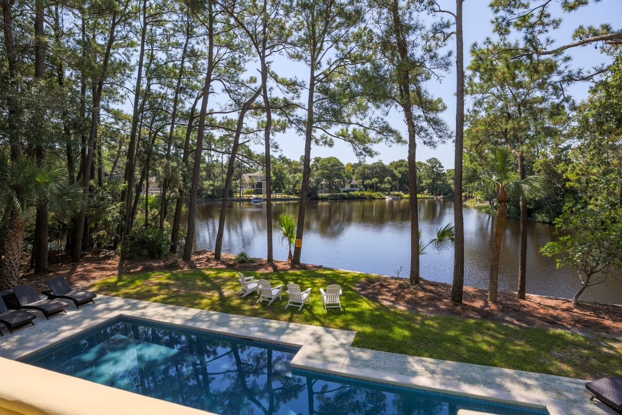 Elevated view over the private pool and lagoon inside Palmetto Dunes on Hilton Head Island