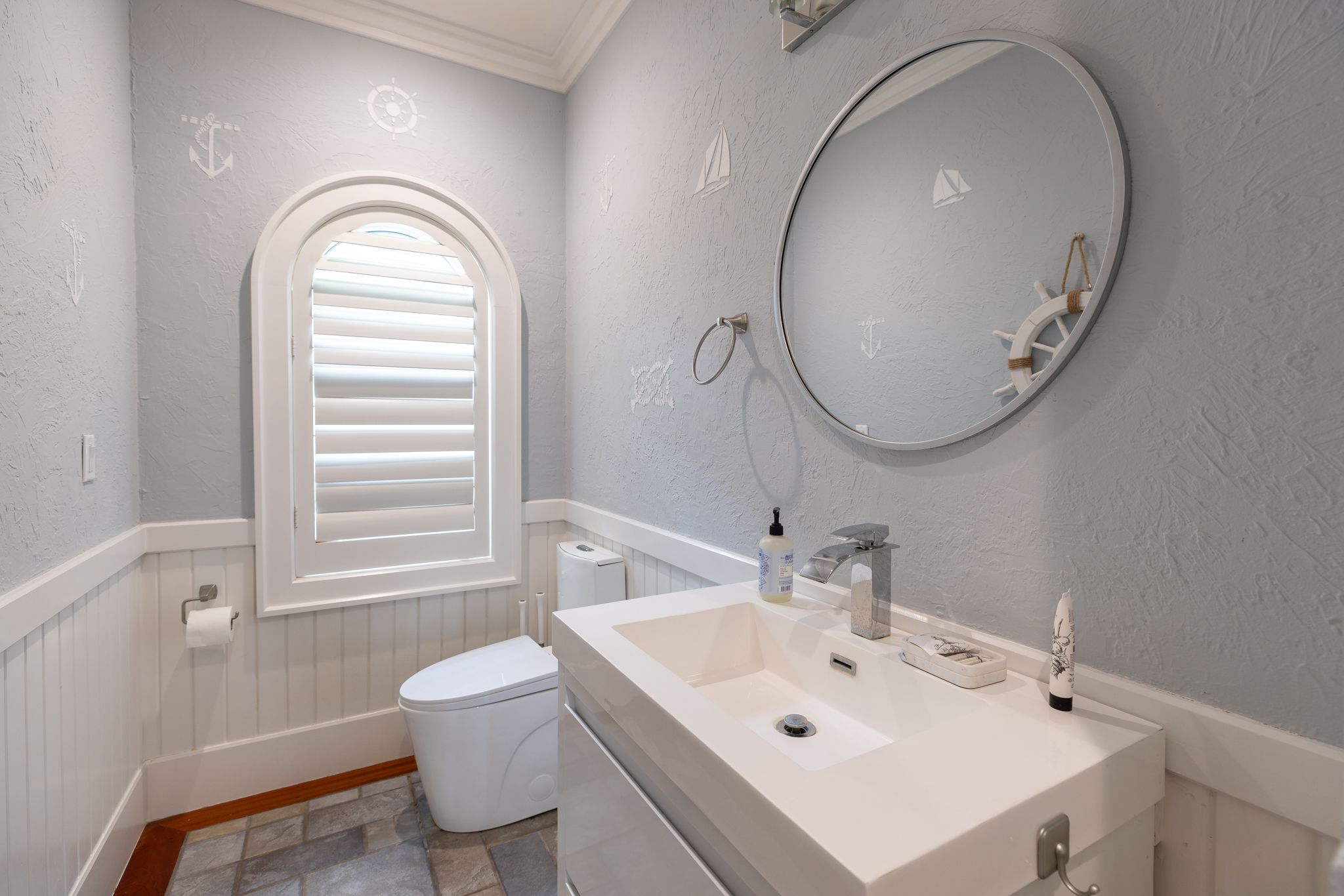 Powder room off the shared living areas of the estate