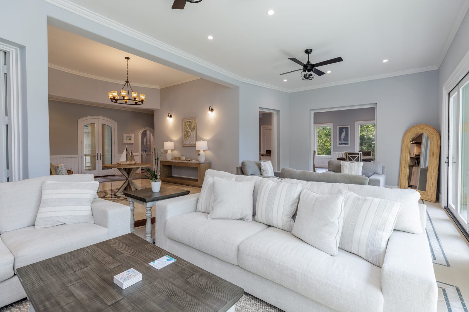 The estate's main living space arranged for a team's offsite gathering.